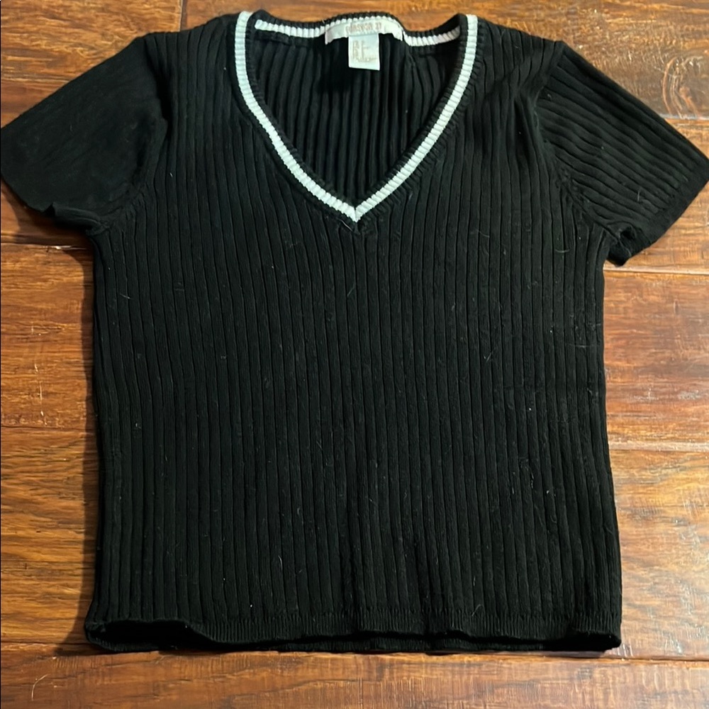 Forever 21 Black V-Neck Knit Sweater with White Accents. Size S.